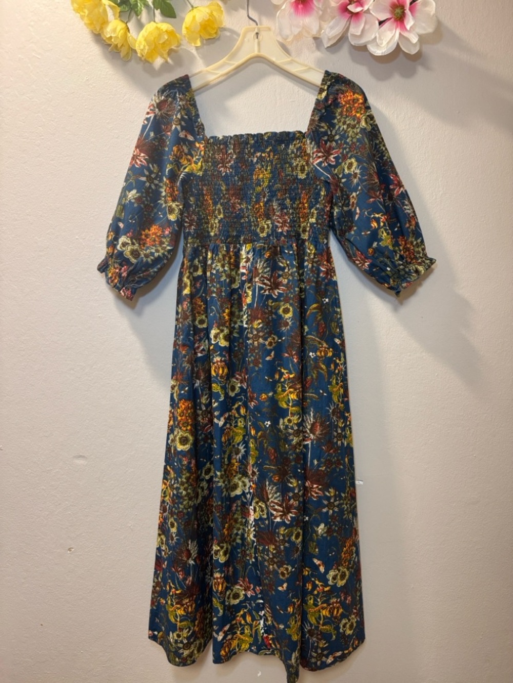 Girls Blue Floral Smocked Puff-Sleeve Dress - Picture 3 of 9